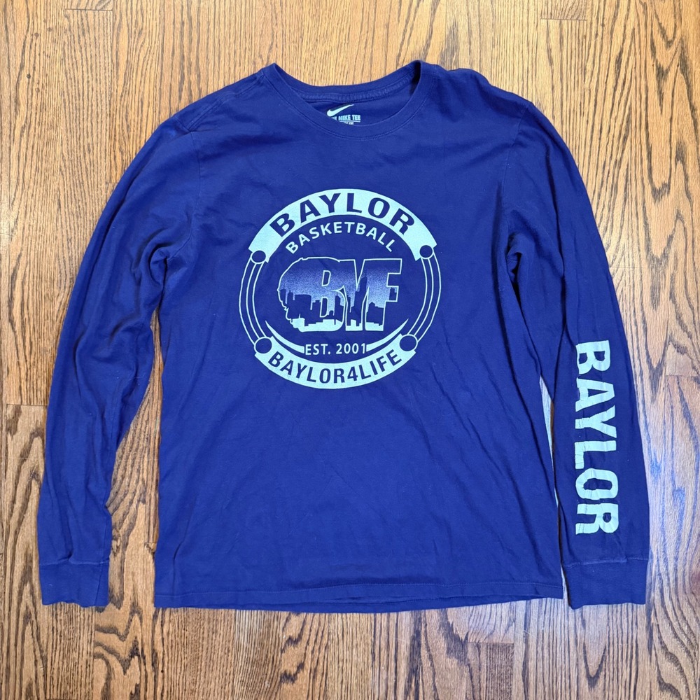 Nike Baylor Basketball Long Sleeve Tee Athletic Cut Size M Navy Blue Graphic